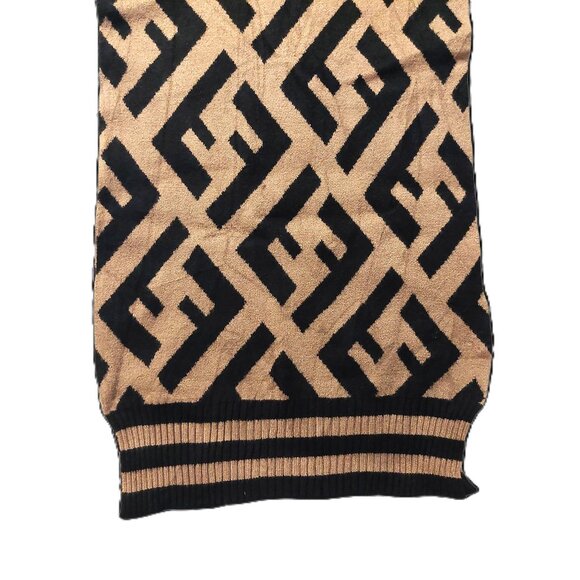 Vintage FENDI Black & Brown Monogram Print Cashmere Scarf with Stripe Trim - Picture 7 of 9